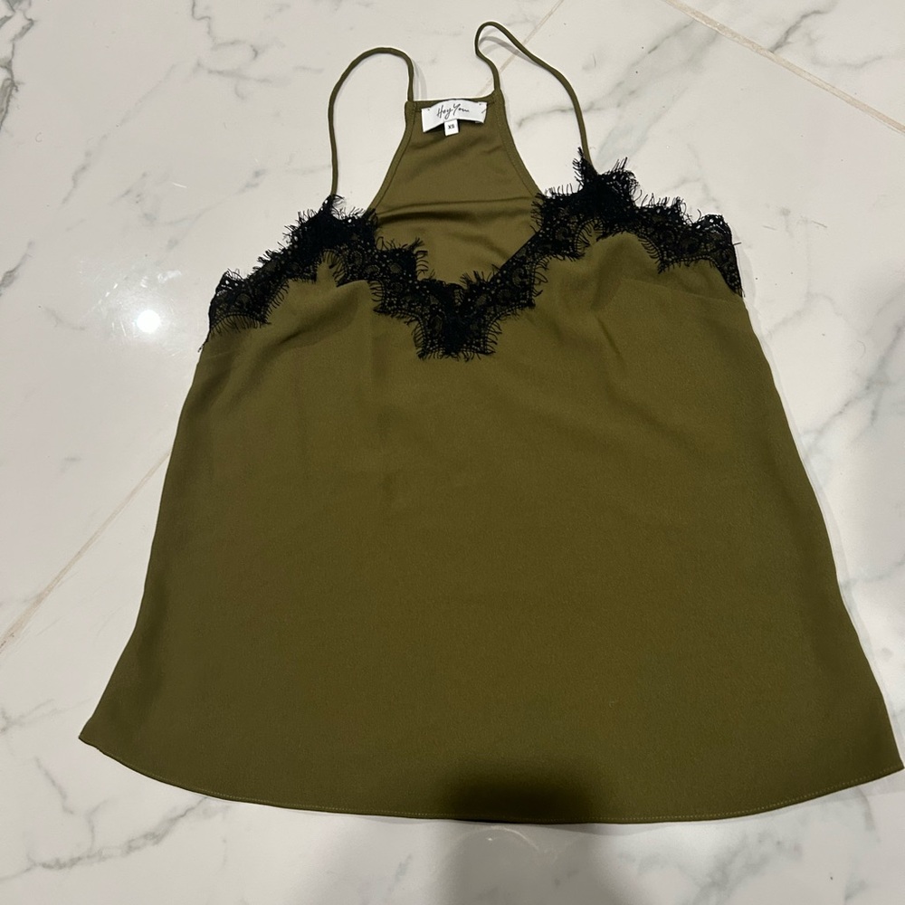 Olive Green Lace Trim Tank Top